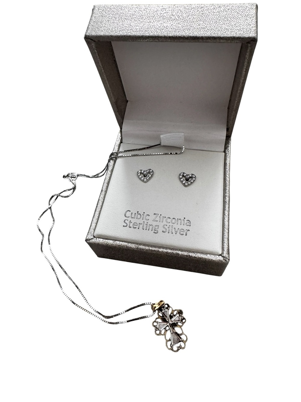 Rachel Ashwell earrings/necklace set, hearts, cross, cz, sterling silver, NIB